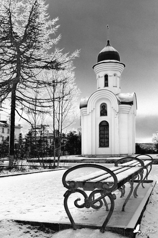 Магадан, улица Ленина, часовня, религия, зима, Ворон