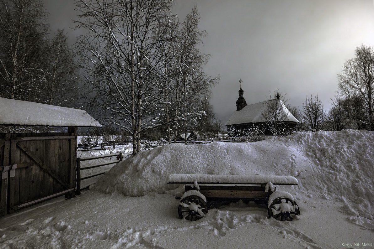 домик, церковь, зима, вечер, ночь, снег, Melnik-oy Serg-N-