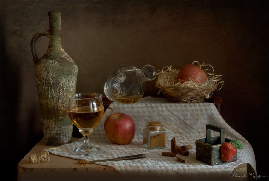натюрморт,  яблоки, корица, вино, Eleonora Grigorjeva