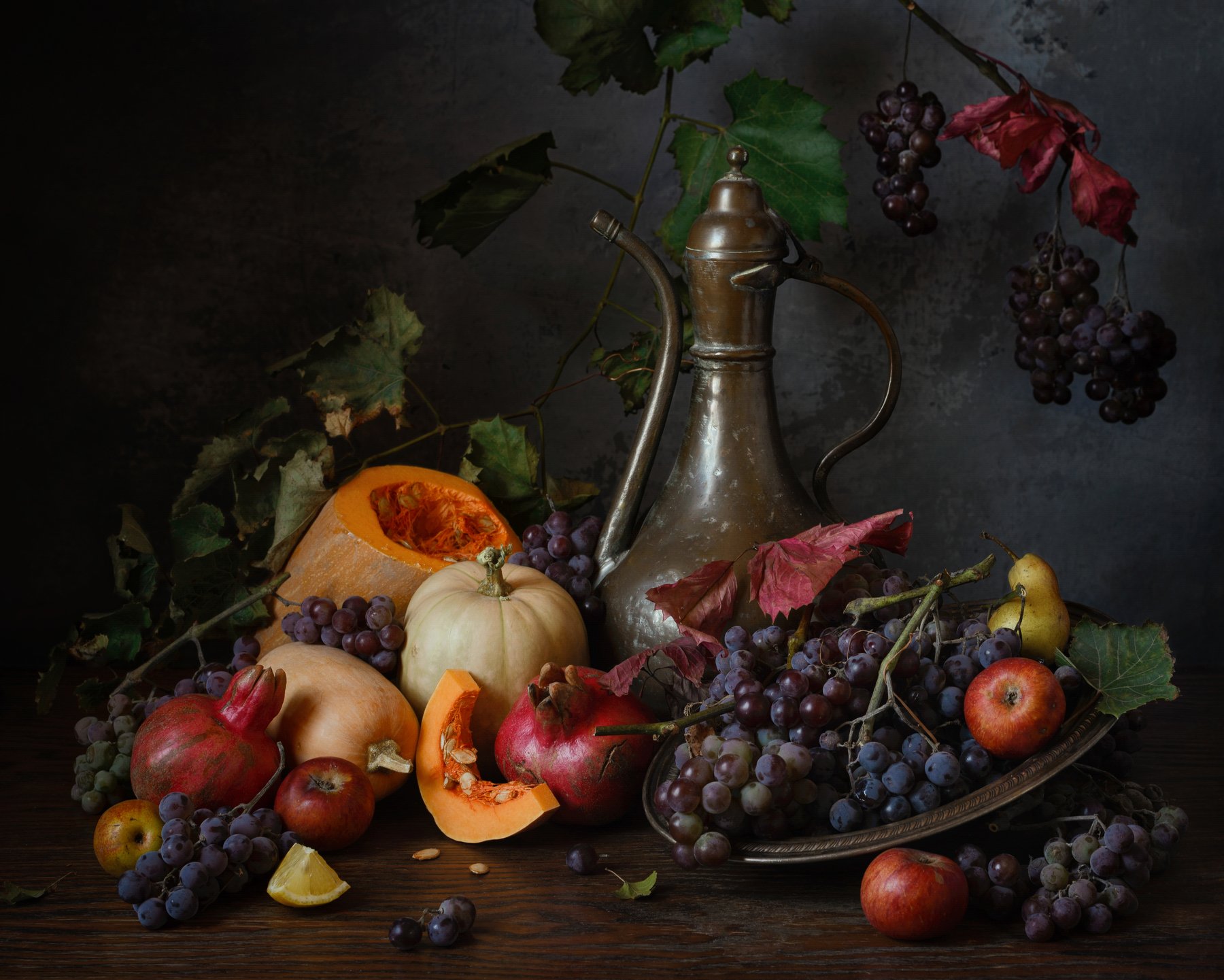 виноград, тыква, гранаты, яблоки, осень, натюрморт, fashionfoodfoto
