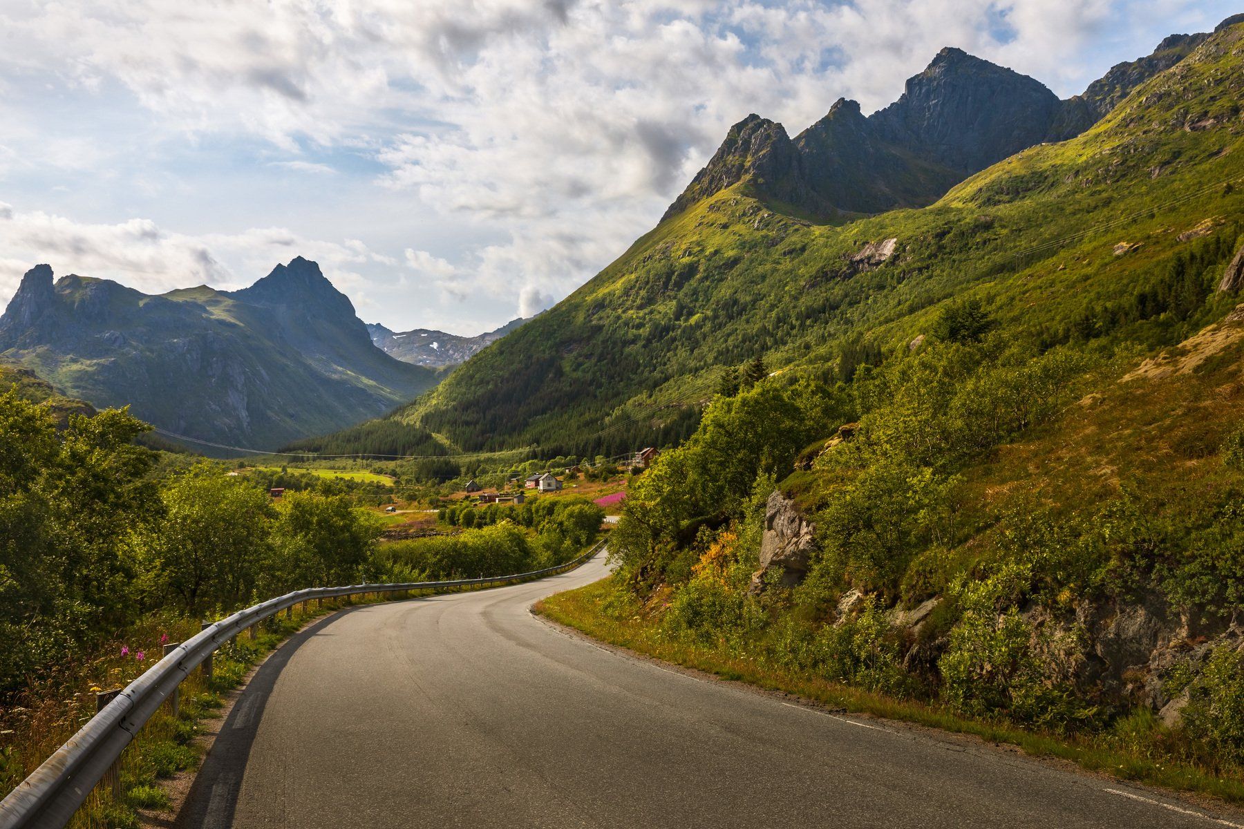 норвегия, лофотены, дорога, горы, деревья, долина, небо, облака, lofoten, norway,, Марат Макс.