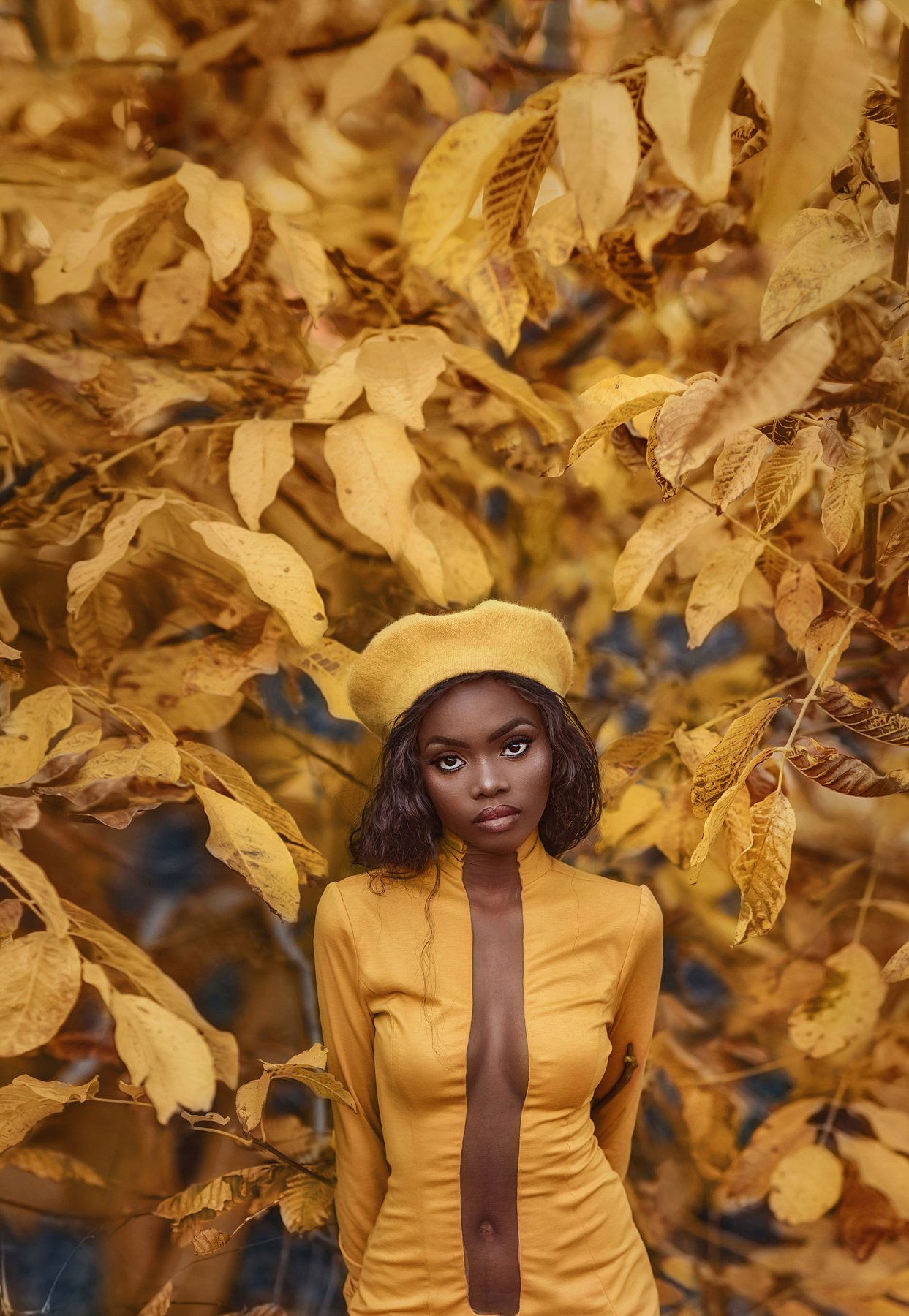 portrait, girl, autumn, yellow leaves,sexy girl,black skin, Ilona Baimova