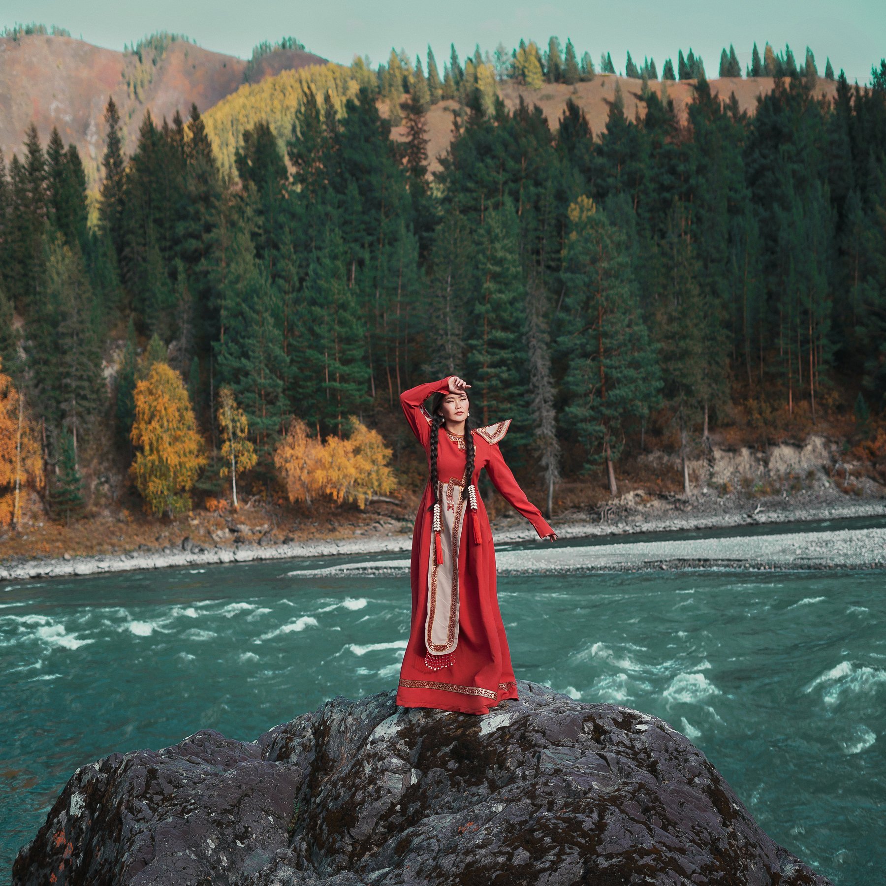 altay, national, traditional, forest, river, Siberia, mountains,girl, red, costume, Екатерина Кулакова