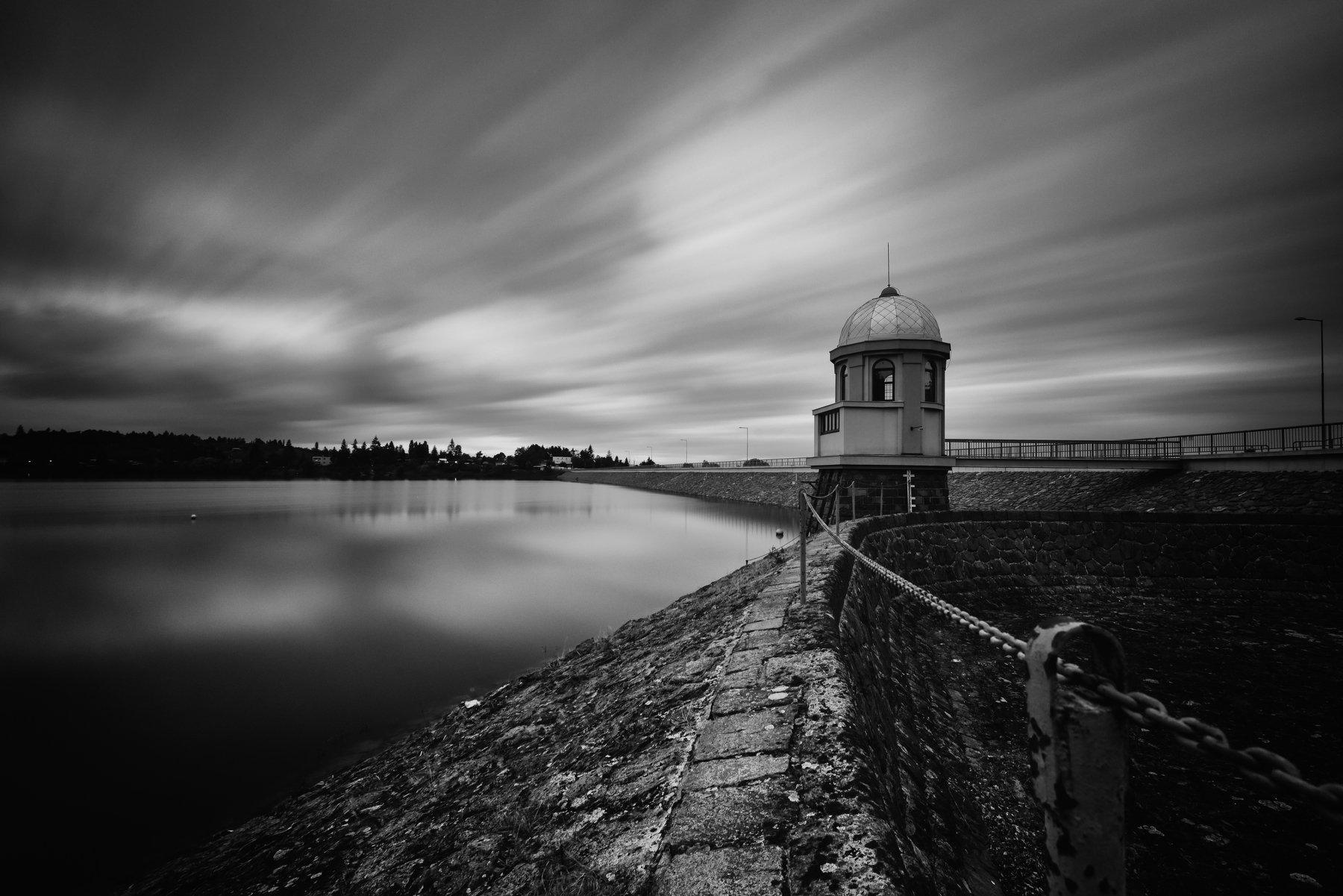 black and white, dam, lake, sky, Milan Samochin