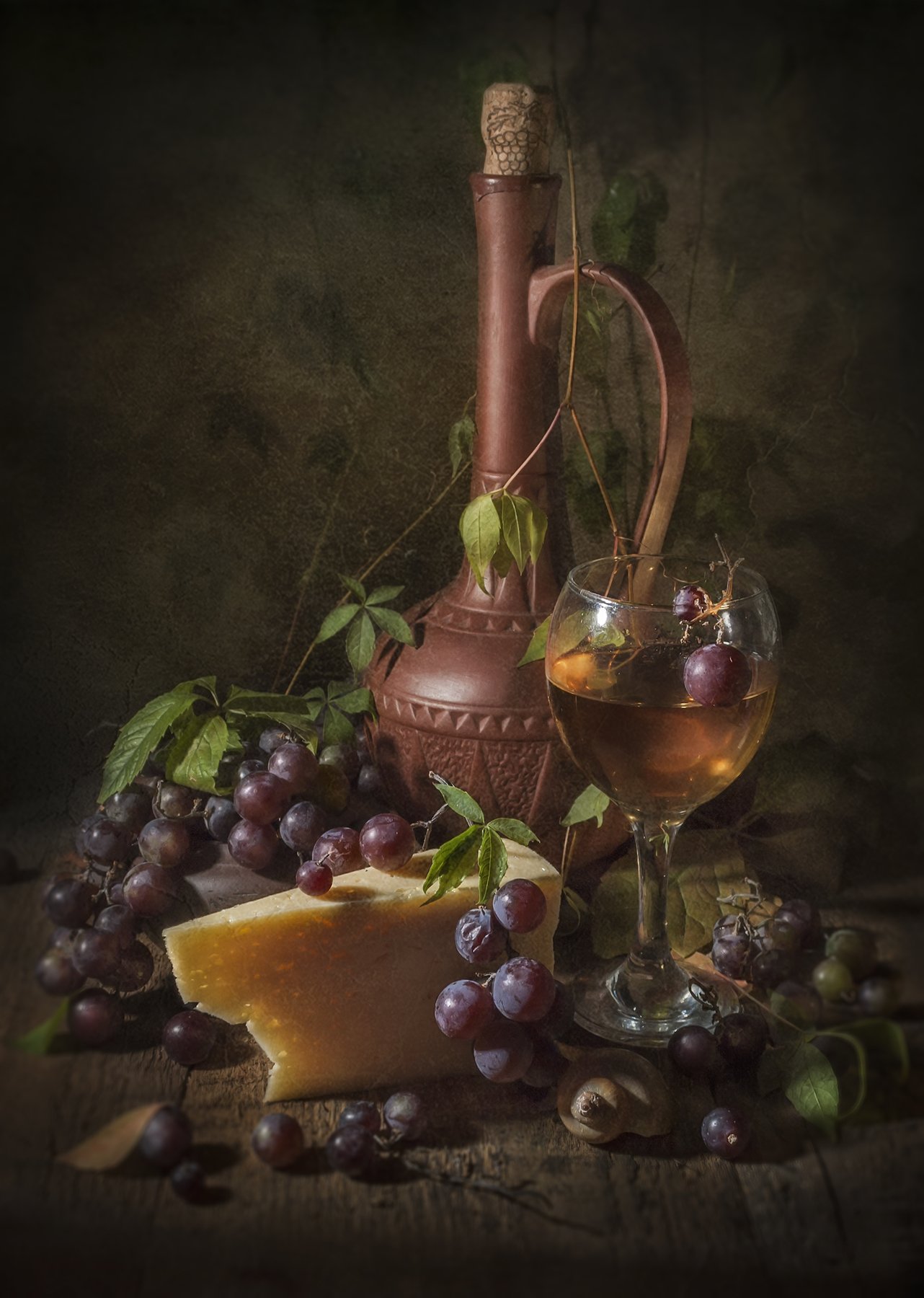 вино,виноград,кувшин,сыр,листья,ракушка,старый, Владимир Володин