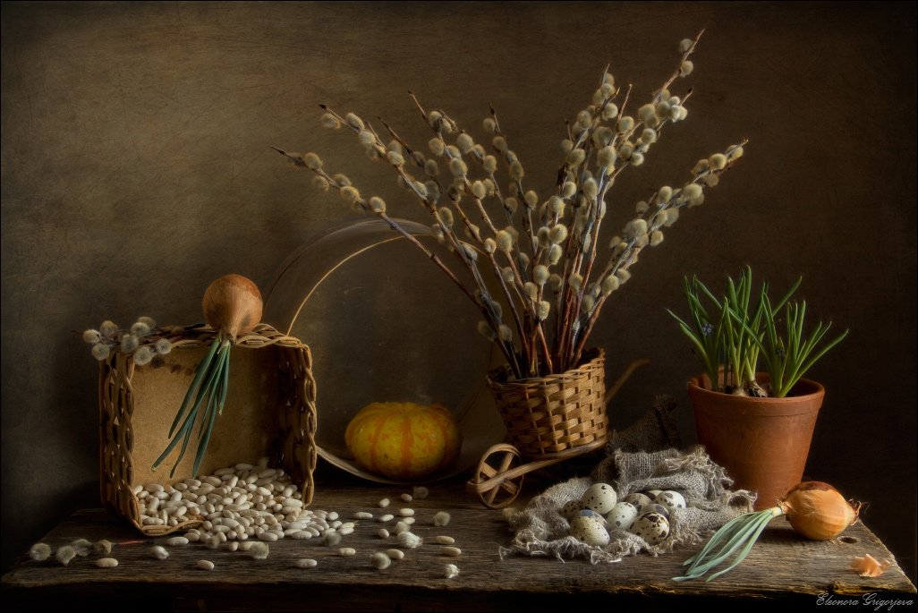 весна. верба, фасоль, яйца, сито, цветы, лук, натюрморт, Eleonora Grigorjeva