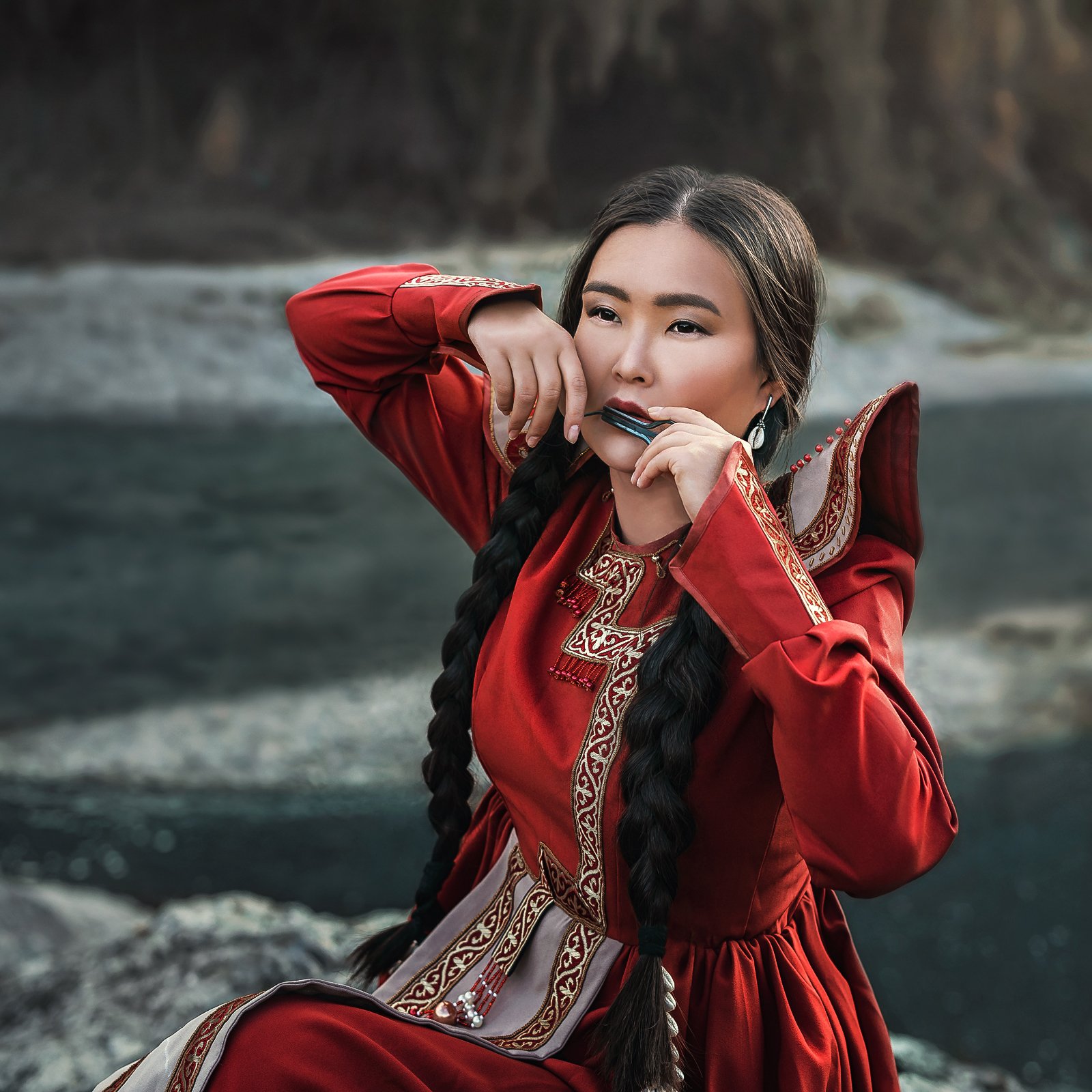 Altai, music, traditions, national,  musical, instrument, river, mountain, red, costume cosplay, Екатерина Кулакова