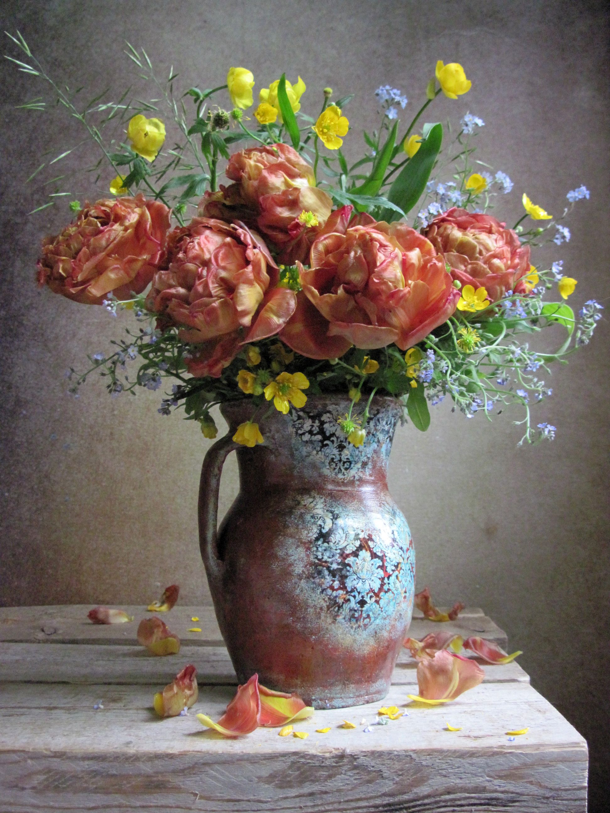 цветы, букет, тюльпаны, незабудки, лютики. увядание, Наталия Тихомирова