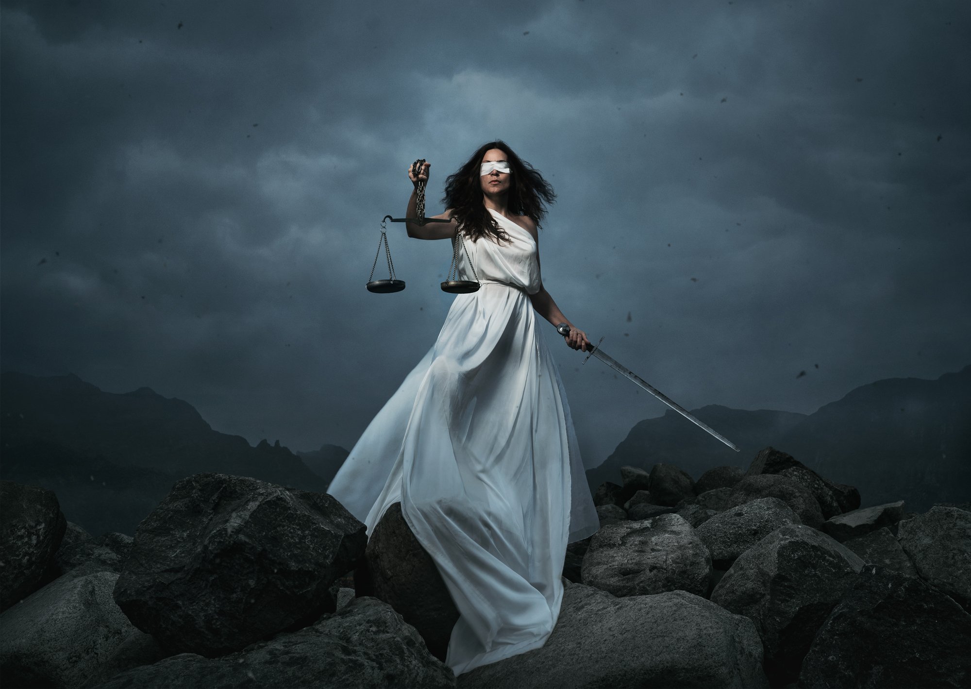 justice,temida,woman,strong,strenght,tough,rigts,law,mountain,rocks,scale,sword,fight,conceptual,concept,female,wind,, Przemyslaw Koch