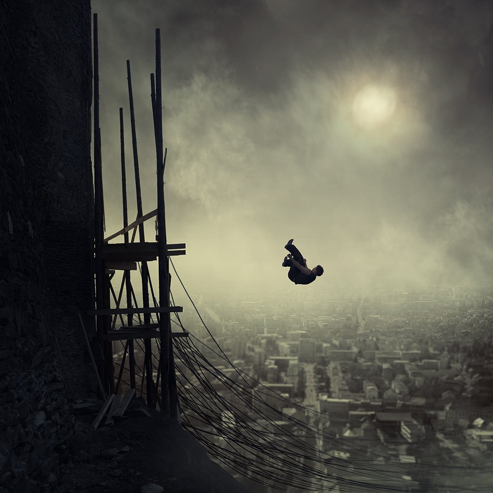 jump, infinity, photoshop, psd, manipulation, tutorials, city, escape, clouds, mist, wired, stone, cliff, over, light, man, buildings, stage, wood, stone, Caras Ionut