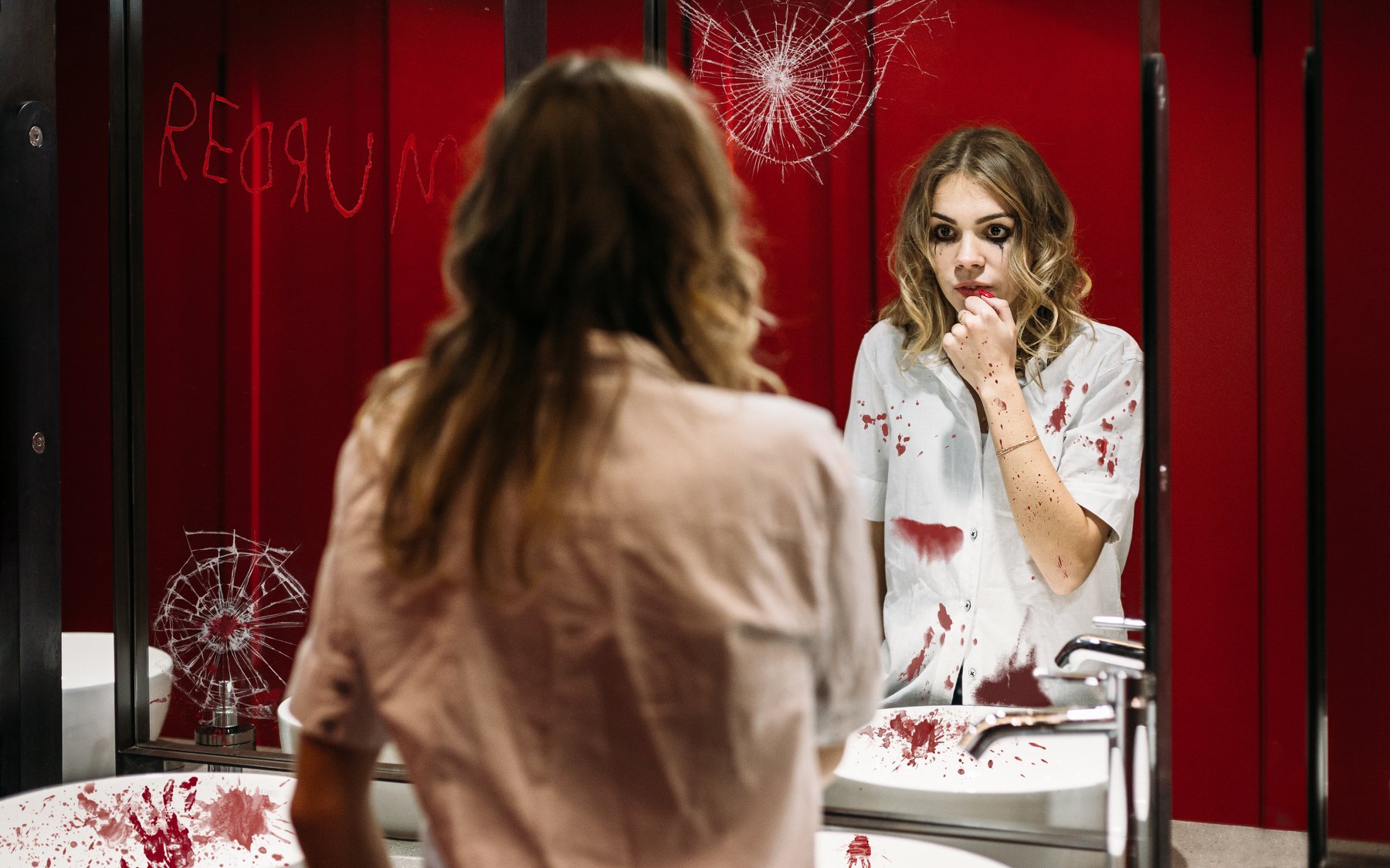 girl,beauty,creepy,halloween,horror,red,mirror,bathroom, Алексей Гусев