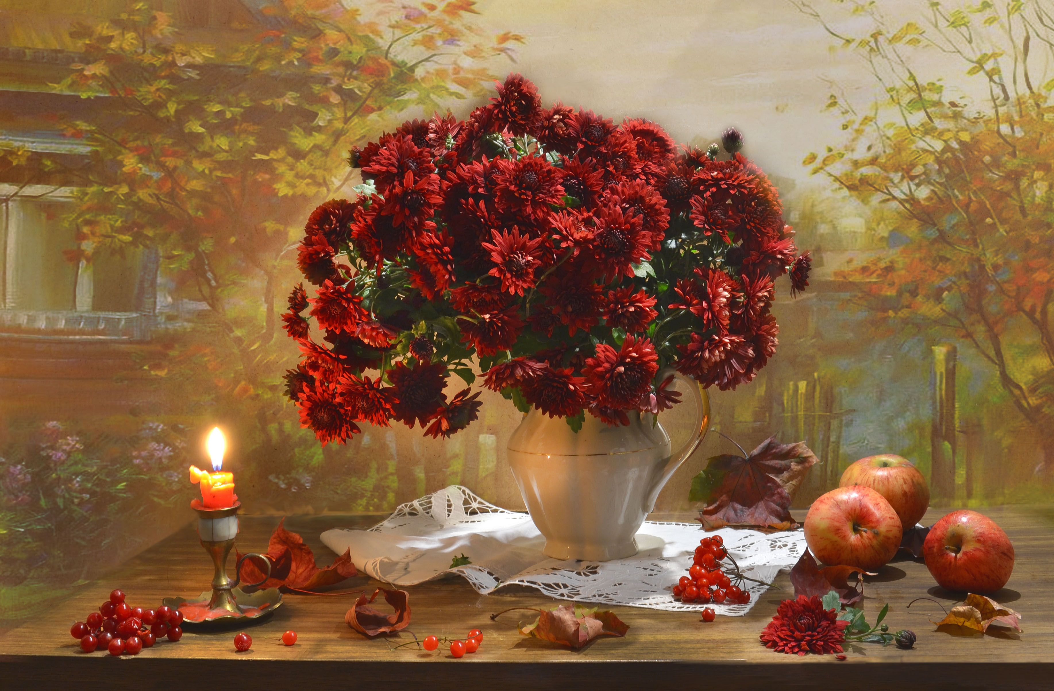 still life, натюрморт, фото натюрморт, осень, октябрь, кленовые листья, свеча, подсвечник, калина, настроение, хризантемы, яблоки, Колова Валентина