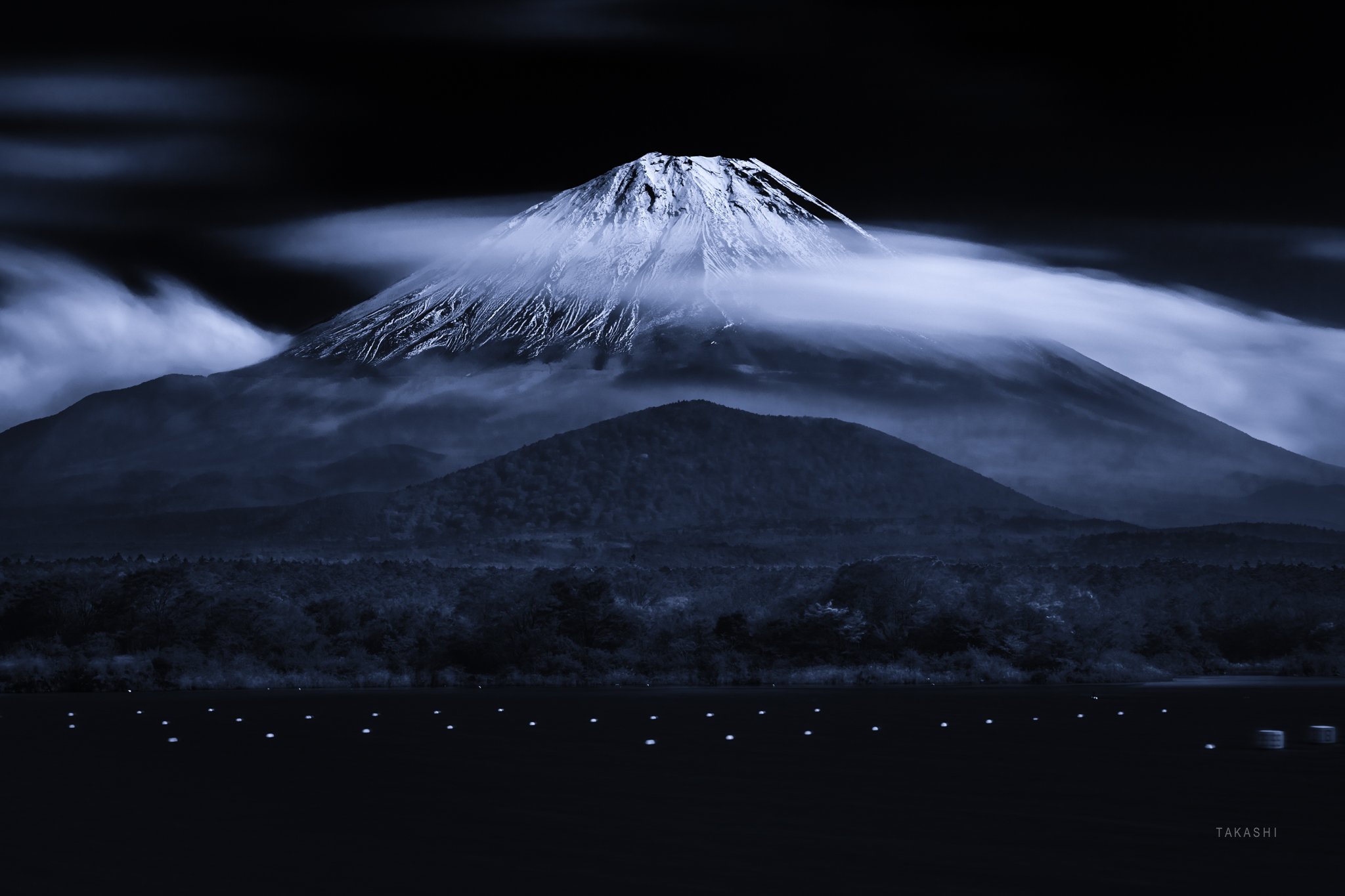 Fuji,Japan,mountain,snow,clouds,lake,buoys, Takashi