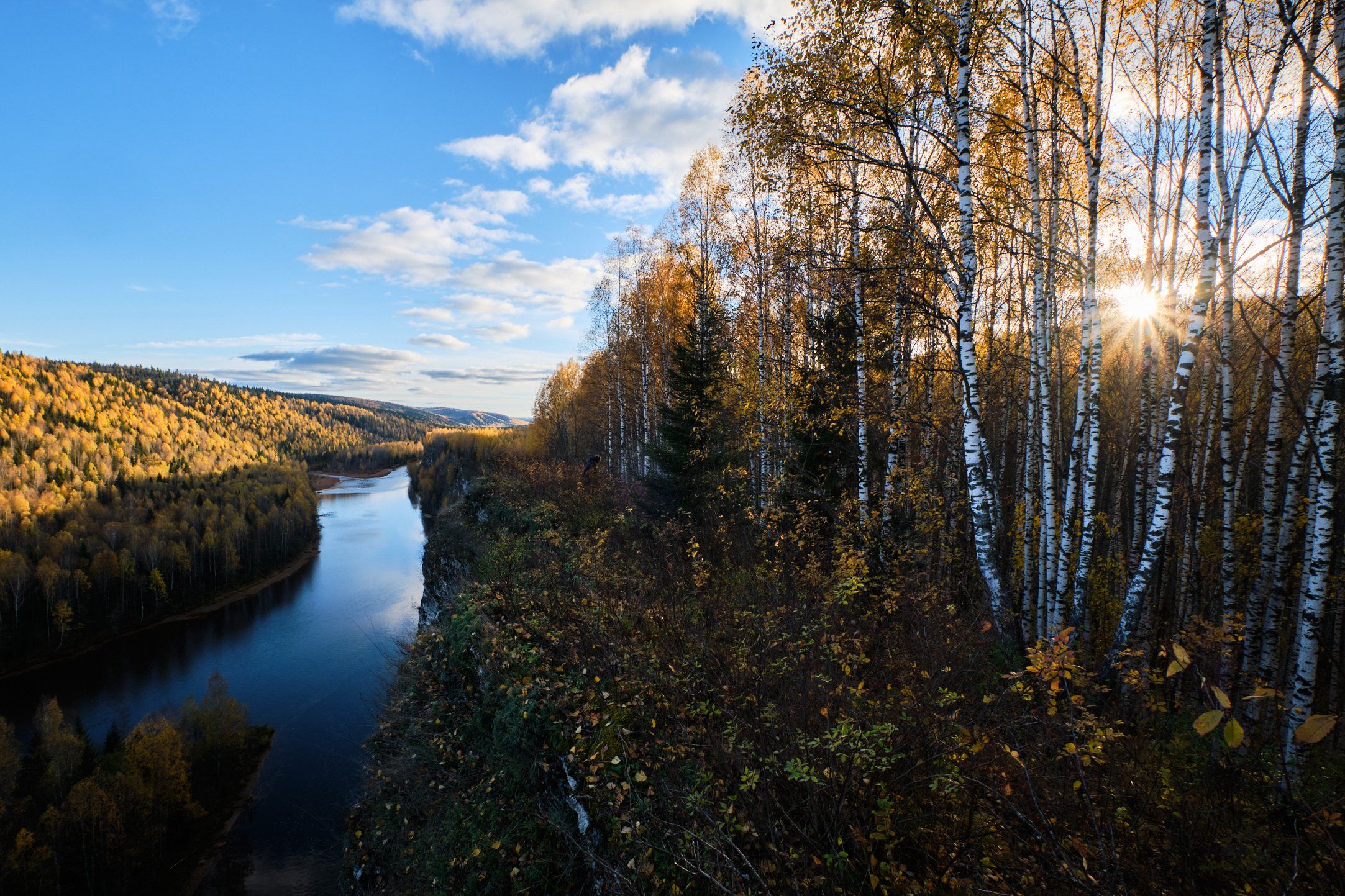 осень, закат, скалы, река, Савицкий Ян