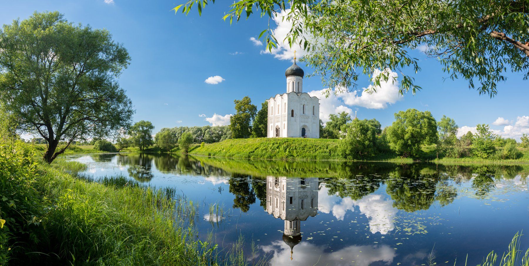 church, faith, river, reflection, summer, green, architecture, Russia, Сергей Гладков