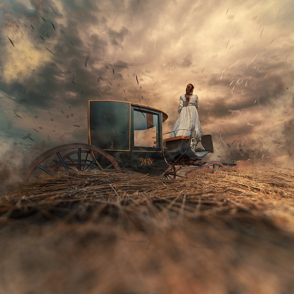blowing, cart, clouds, drama, fashion, field, gilr, harmony, light, manipulation, miller, mounting, old, photoshop, psd, strong, treasure, tree, tutorials, walking, wheat, wind, yellow, Caras Ionut