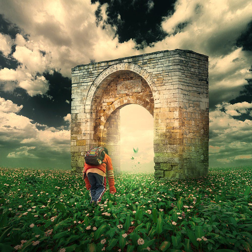 boy, butterfly, clouds, design, entrance, flowers, fly, gate, green, light, magic, manipulation, mystery, psd, shadow, sky, stone, story, tutorials, walking, Caras Ionut