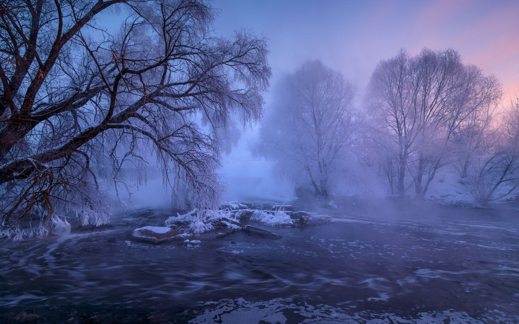 листвянка, река, мороз, иней, туман, Михаил Дубровинский