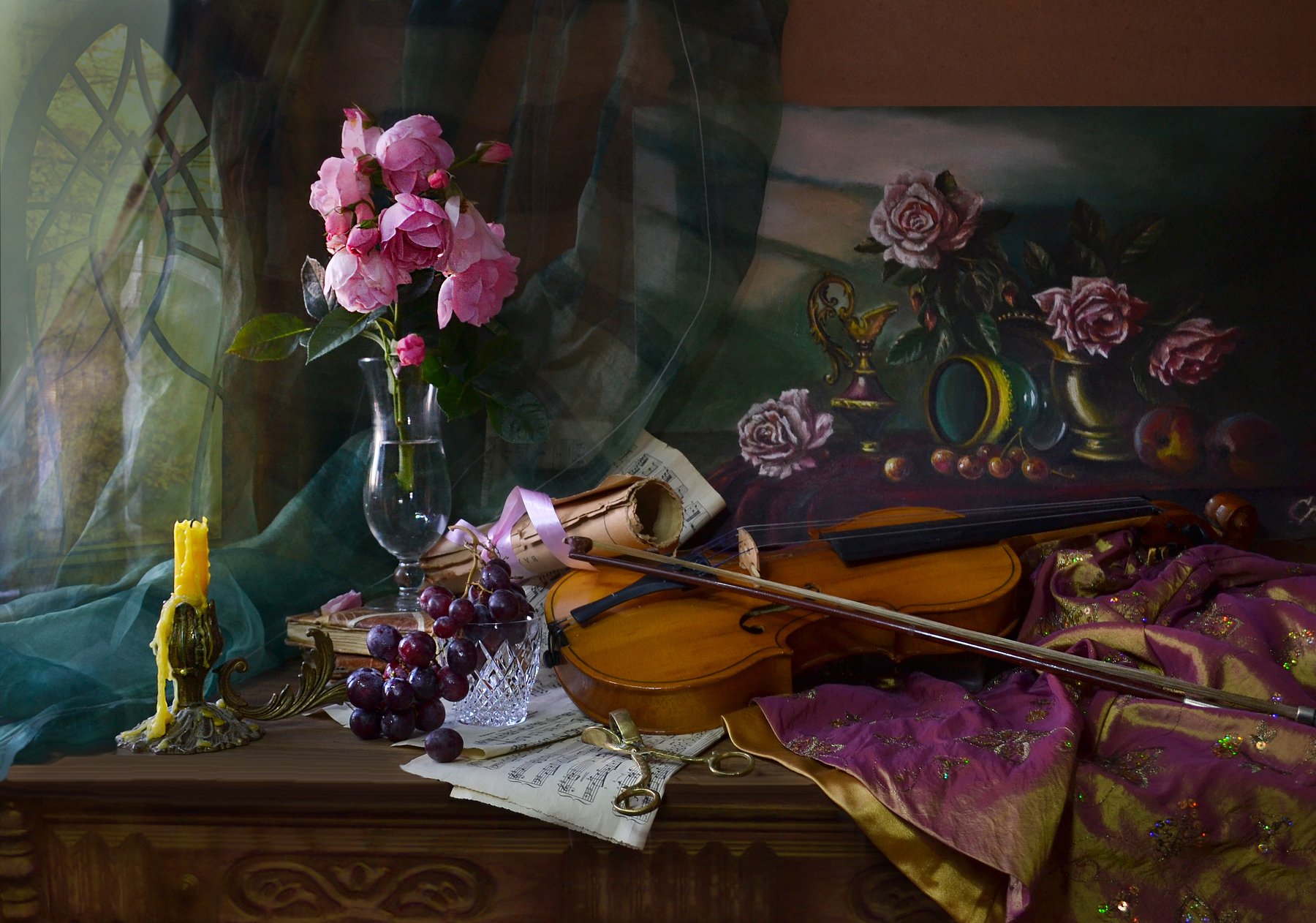 still life, натюрморт, фото натюрморт, осень, сентябрь,цветы,розы, скрипка, картина, свеча, подсвечник, ноты, виноград, Колова Валентина