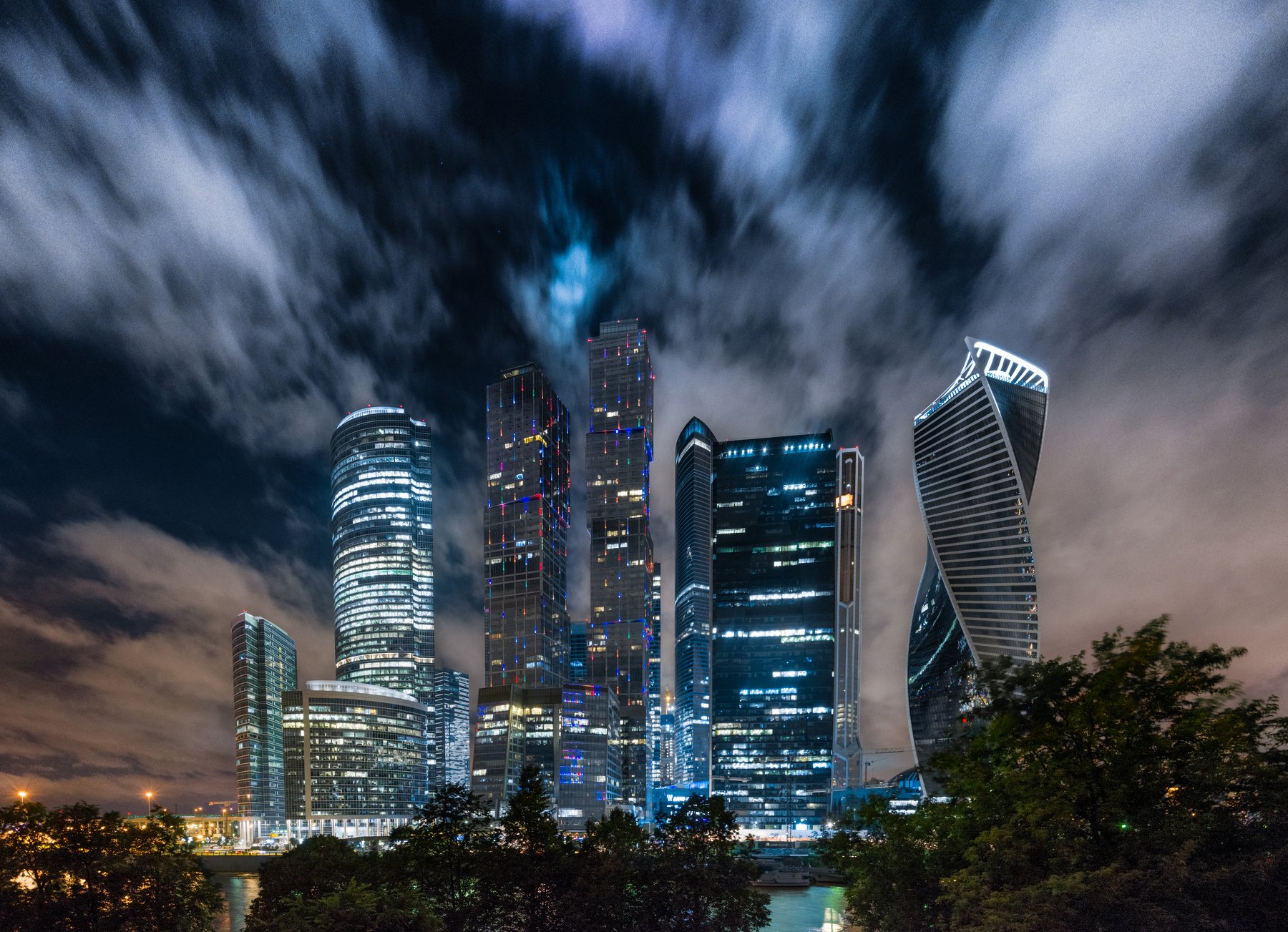 skyscrapers, night, clouds, moscow, city, russia, Сергей Гладков