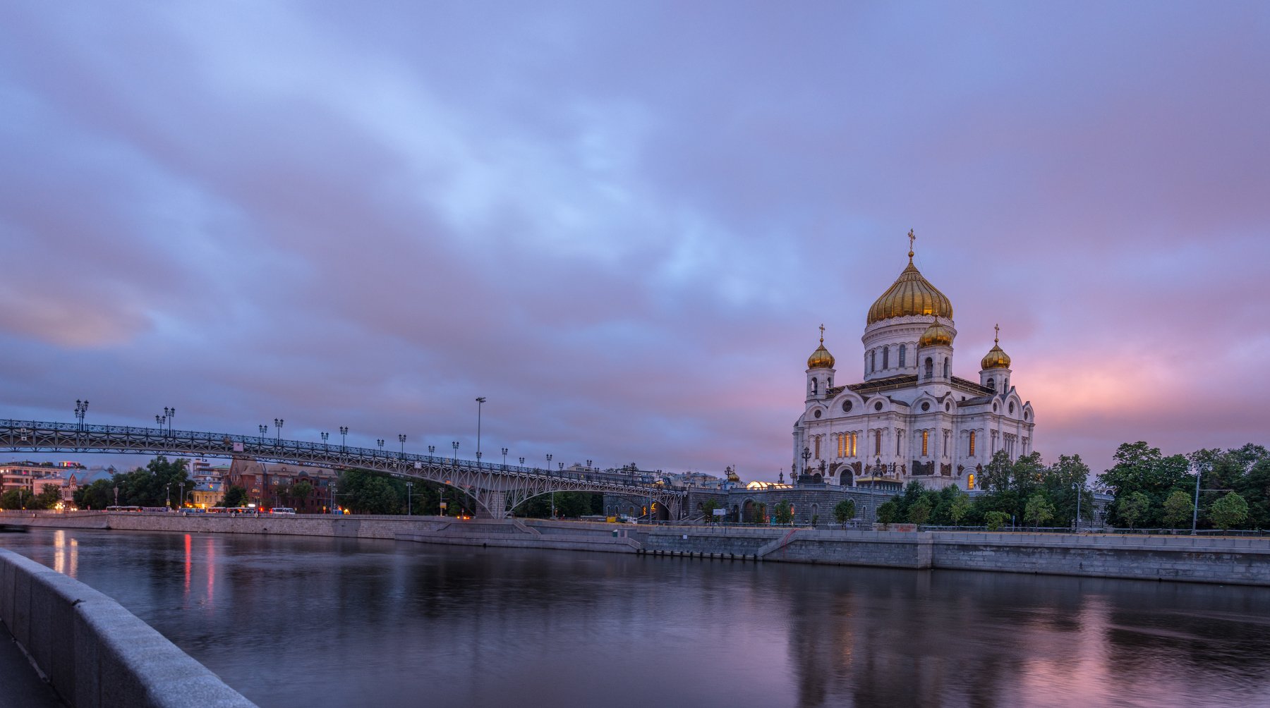 architecture, sunrise, sky, church, religion, river, pink, blue, Moscow, Russia, Сергей Гладков