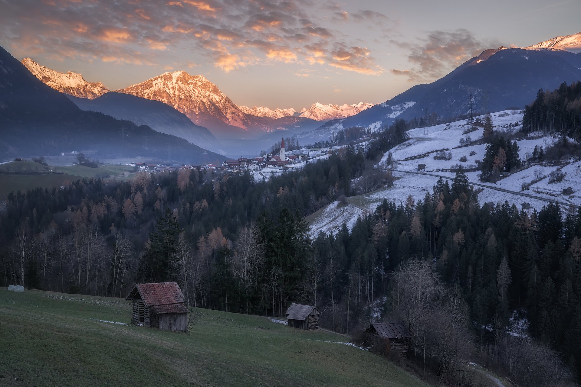Acres, Afterglow, Agriculture, agricuturalbuilding, alps, Arzl, Austria, austrian alps, Barns, church, Clouds, Evening, eveningglow, Farmhouse, fog, foggy, Forest, Frost, frosty, Heybarns, Hill, Hills, houses, Hovel, Huts, Landscape, Logcabin, Meadows, Mo, Ludwig Riml