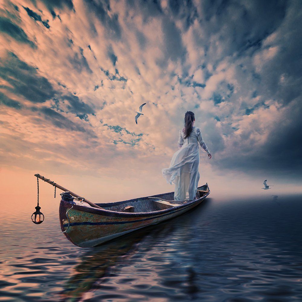 boat, bubble, clouds, seagull, chain, design, drums, floating, woman, girl, light, manipulation, pastel, photoshop, pipes, psd, read, shadow, smoke, tree, tutorials, water, wood, Caras Ionut