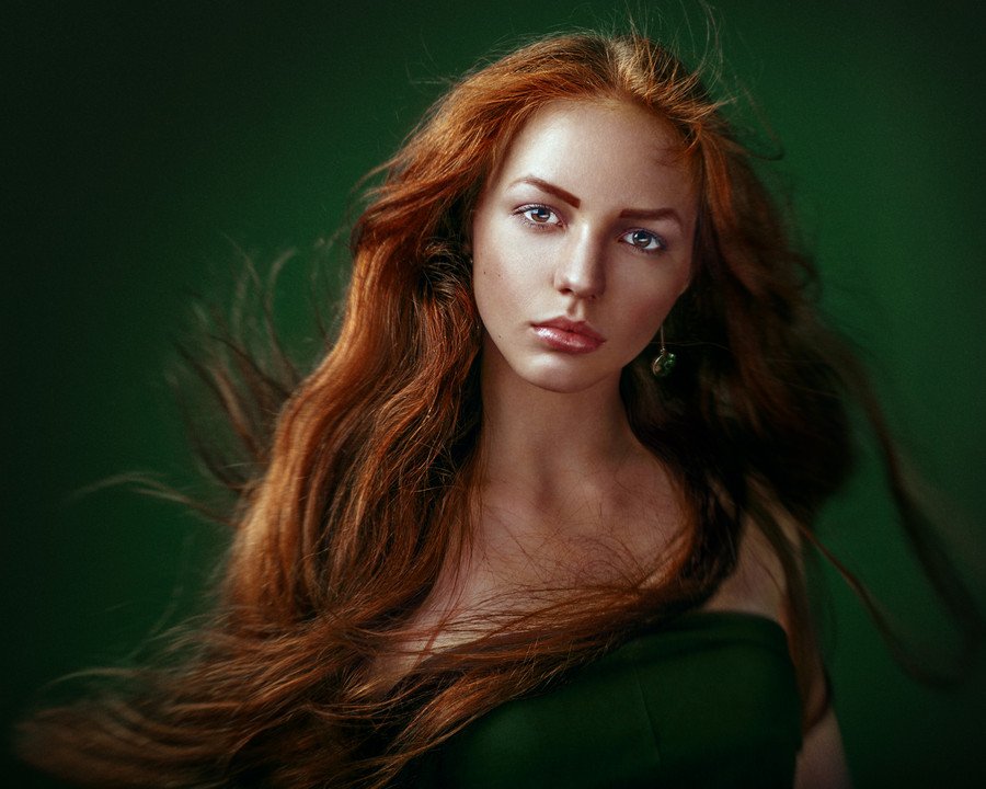 девушка, длинные волосы, портрет, рыжая, изумрудный, зеленый,, Leonidchenko Sergey
