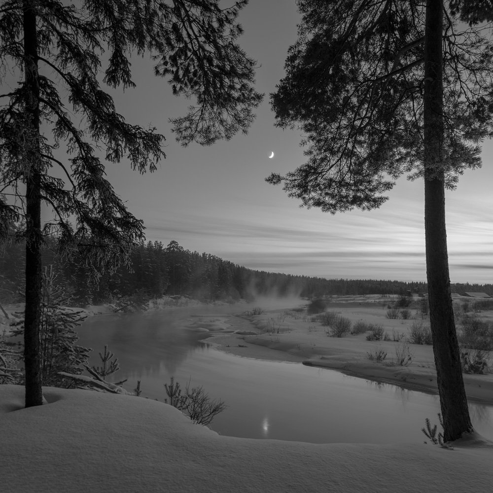 зима сумерки луна река туман, Александр Архипкин