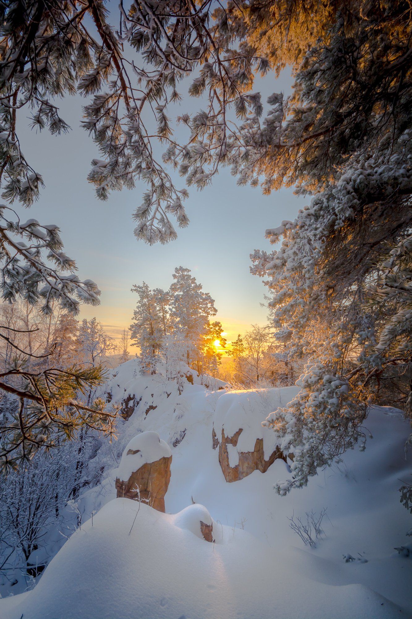 лес скалы мороз закат урал снег солнце, Жданов Дмитрий