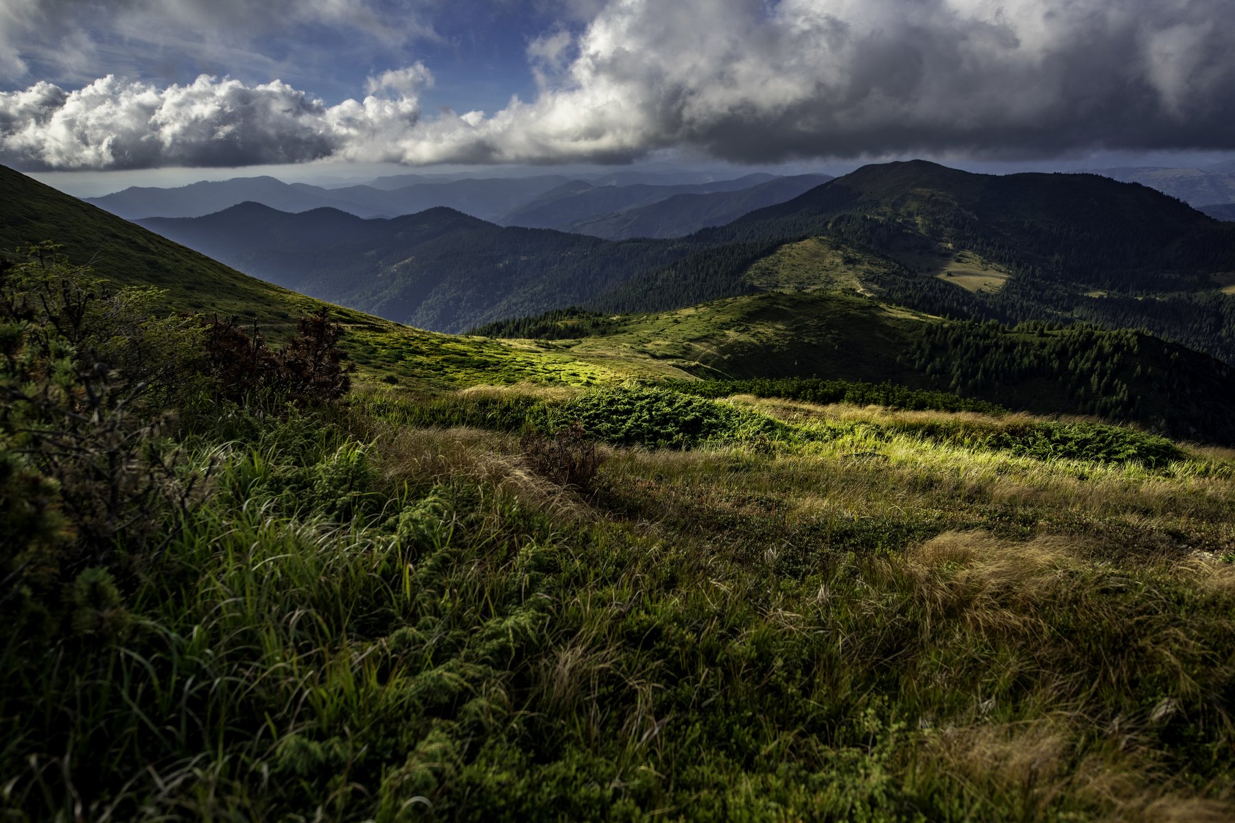 mountains, sun, clouds, Denys Makogon