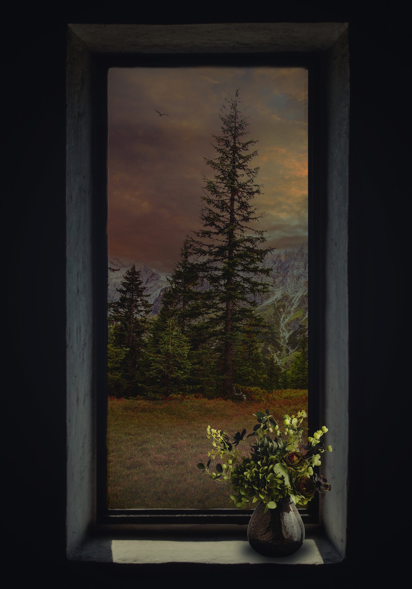 окно, лес, цветы, Sergii Vidov