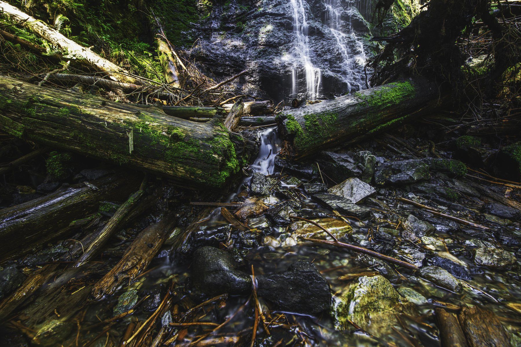 mountains, waterfall, trees, long exposure, Denys Makogon