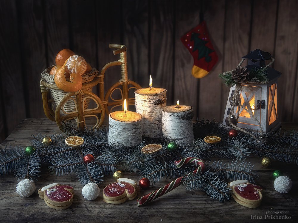 натюрморт, настроение, зима, новый год, рождество, елка, свечи, мандарины, деревенский стиль, Ирина Приходько