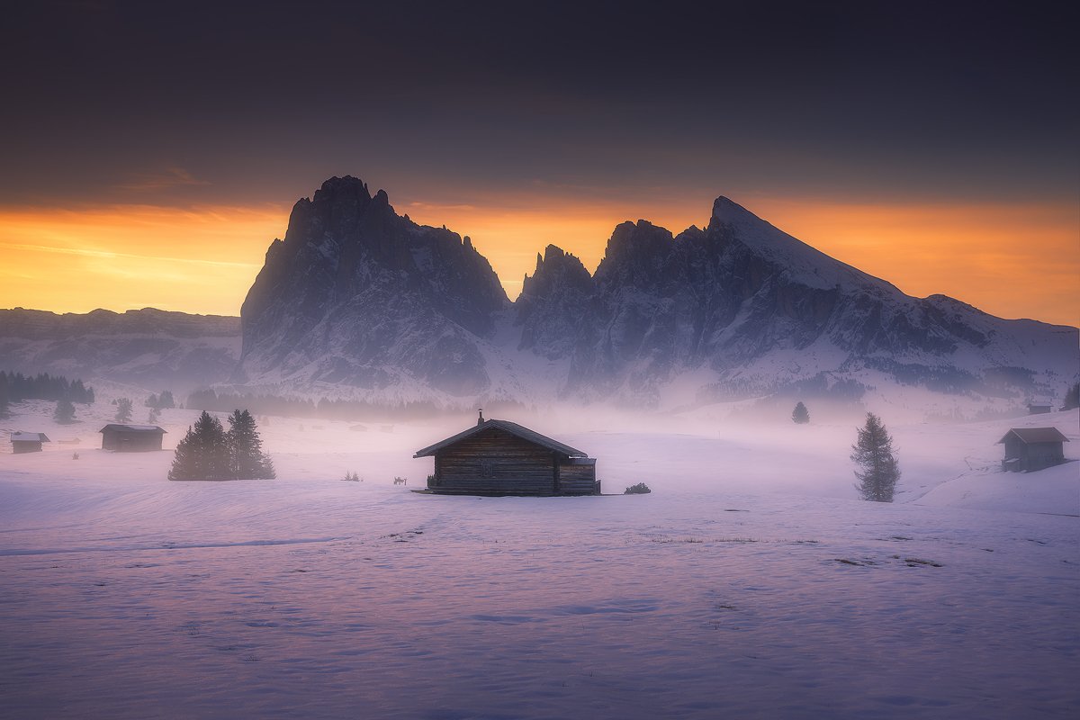 dolomiti, italy, landscape, winter, autumn, snow, sunrise, mountain, house, , Roberto Pavic