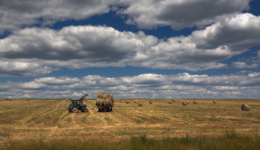 поле, сено, рулоны, трактор, тележка, облака, лето, Георгий Машковцев