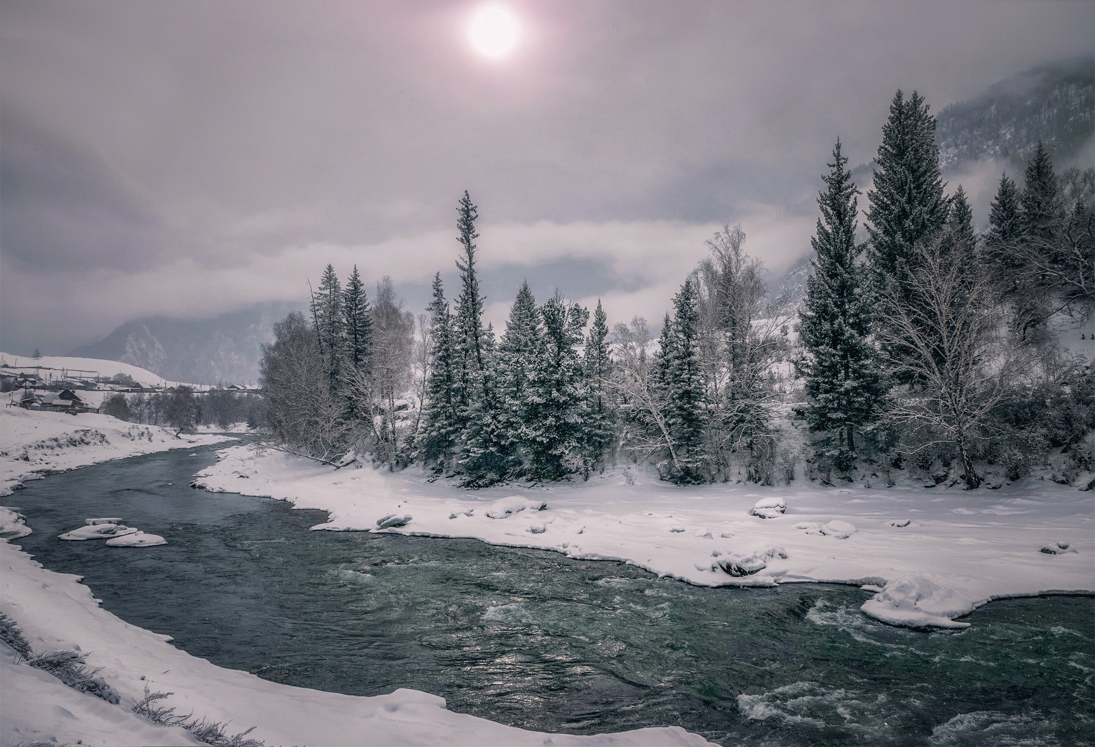 горный алтай,зима,река чуя,пасмурно,снег,  lora_pavlova