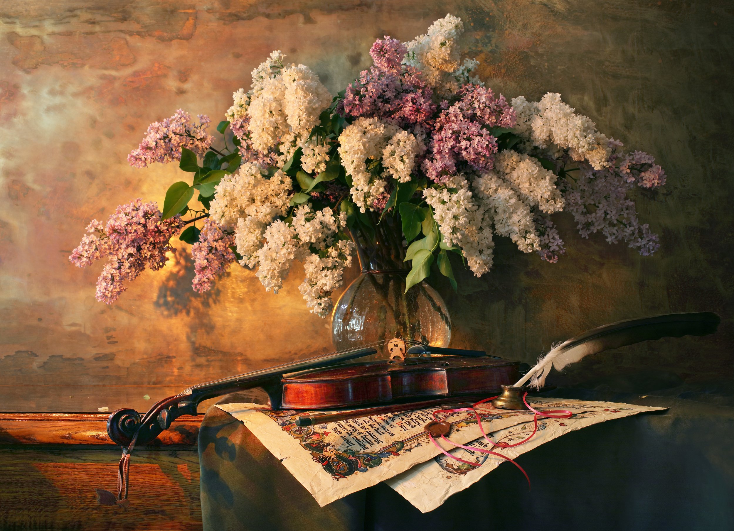 сирень, цветы, скрипка, музыка, музыкальные инструменты, свет, Андрей Морозов