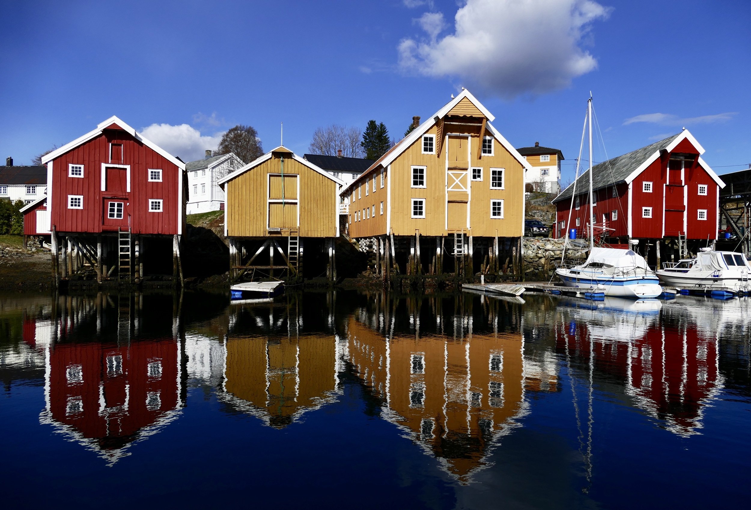 city&architecture, colorful, Norway, reflection, fishing house, water, fjord, clouds, houses, boat, nature, city, , Svetlana Povarova Ree
