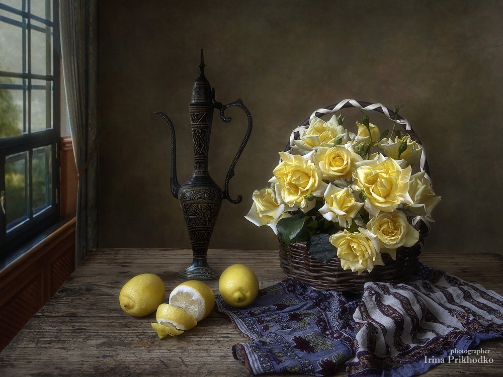 натюрморт, винтажный, цветы, корзина, розы, лимоны, фрукты, Ирина Приходько