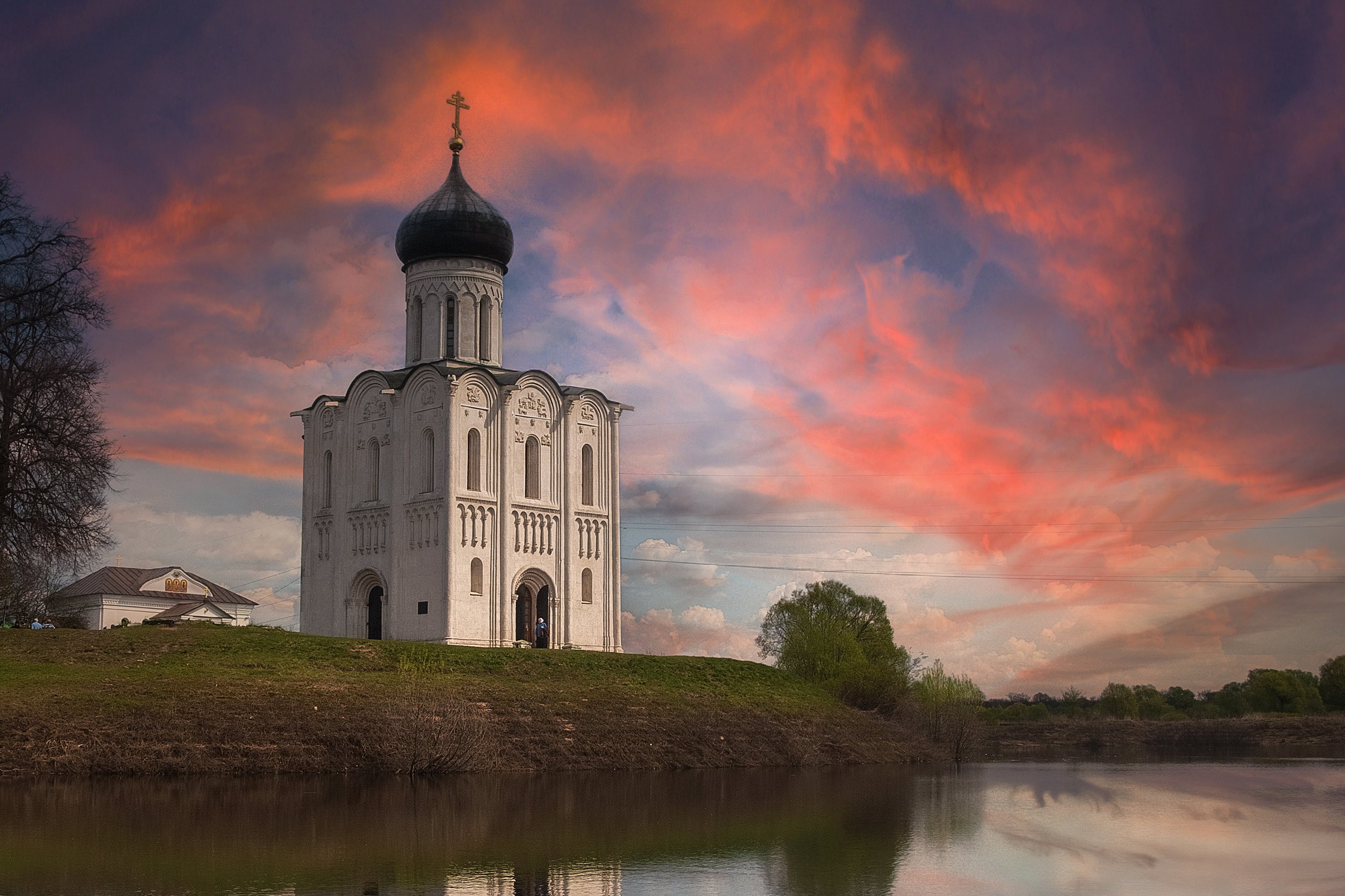 пейзаж, природа, церковь, вечер, небо, река, Александр Игнатьев