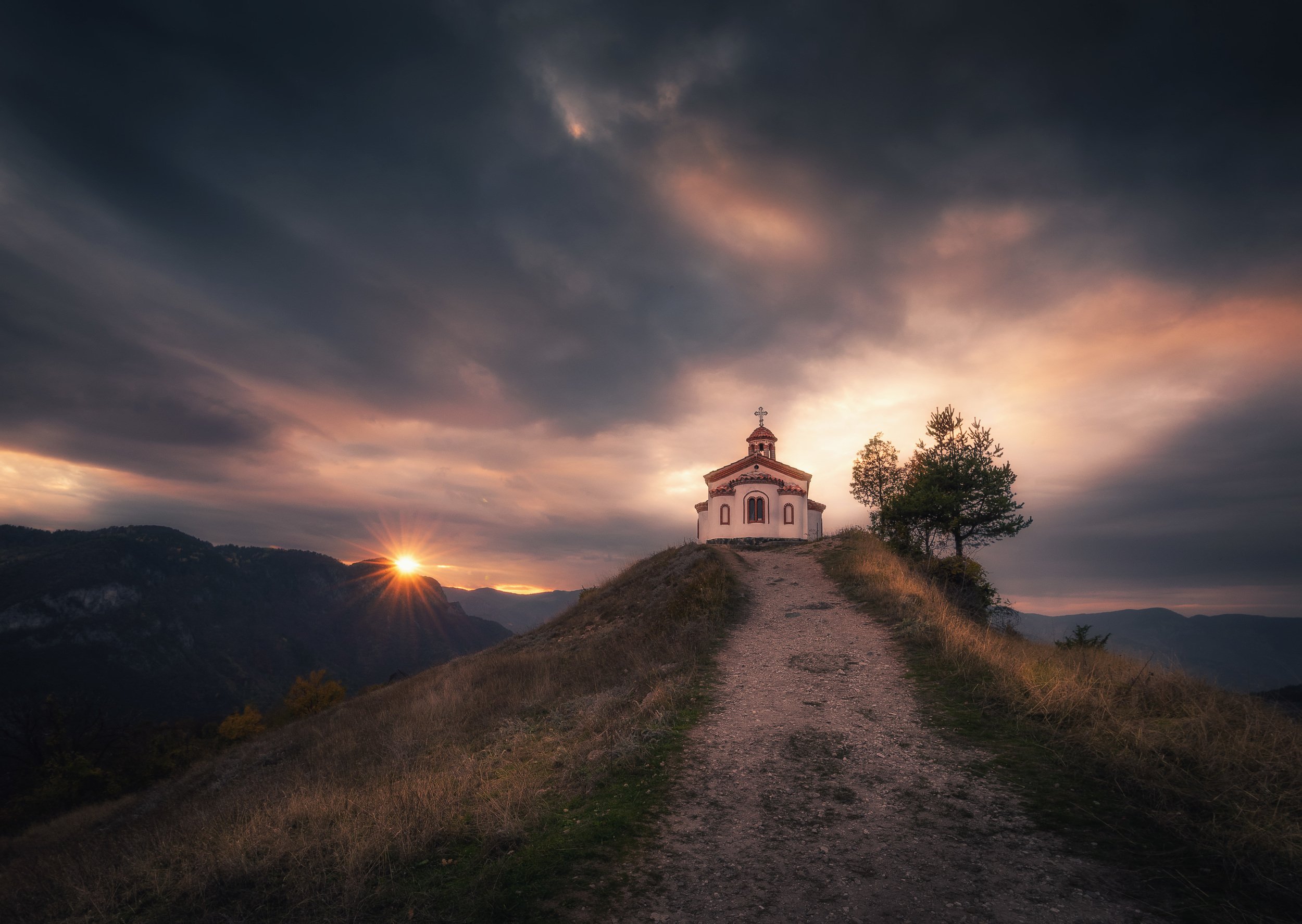 sunset, sun, cloud, landscape, chapel, faith, Jeni Madjarova