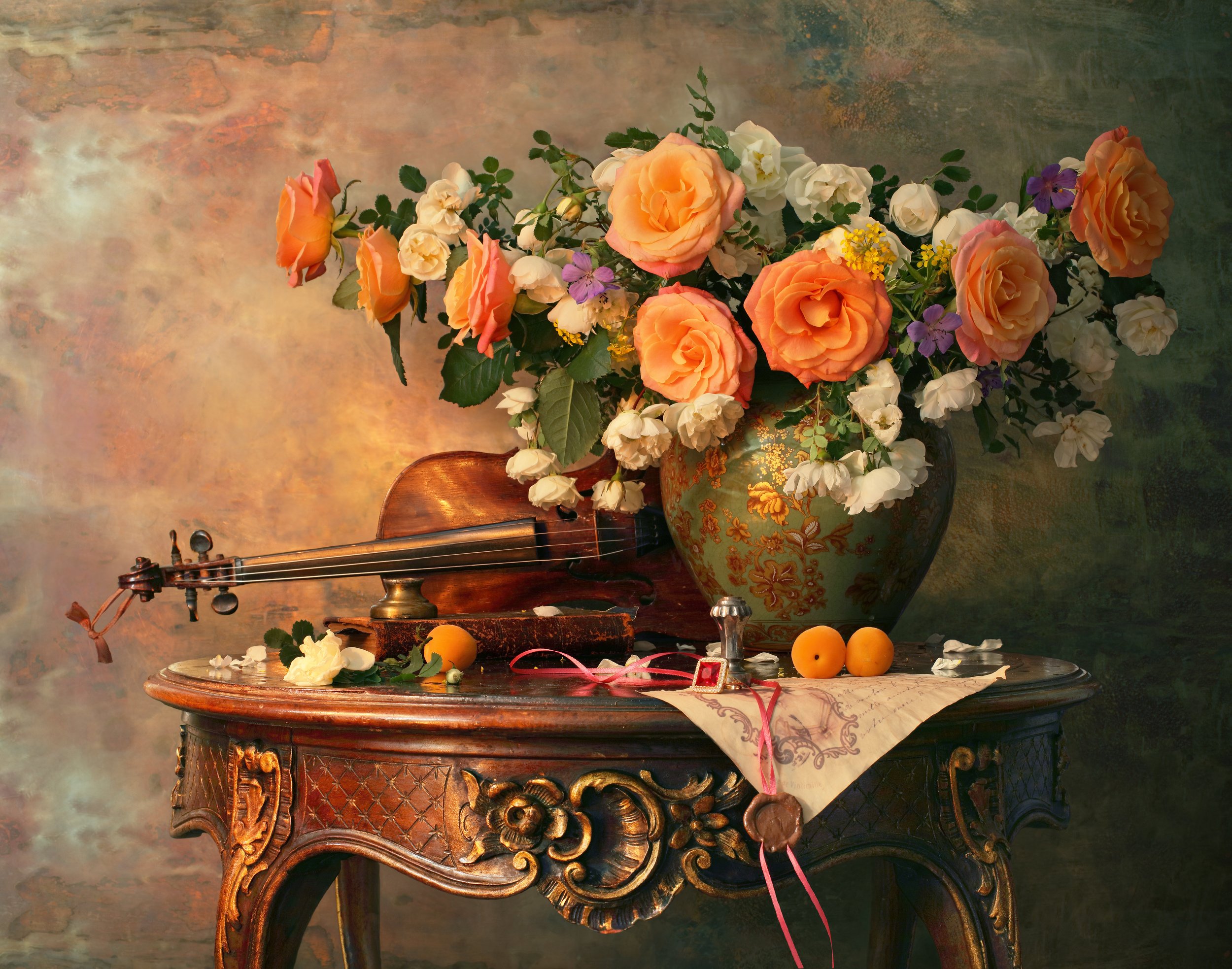 цветы, розы, скрипка, музыка, натюрморт, фрукты, абрикосы, Андрей Морозов