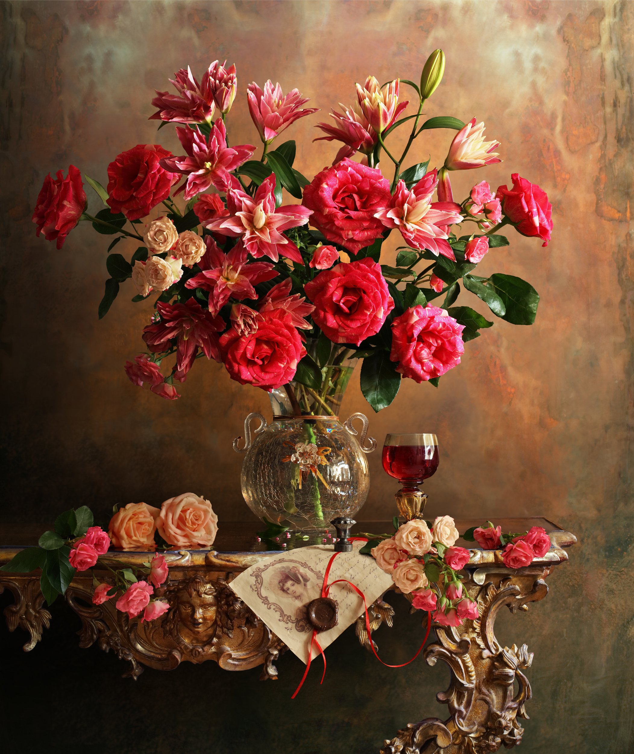 цветы, розы, лилии, ваза, букет, красный, Андрей Морозов