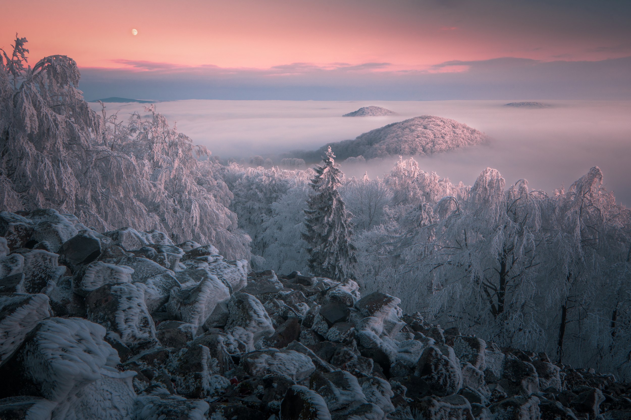 landscape, sunset, moon, winter, snow, frost, sky, ice, light, czech republic, Luboš Prchal