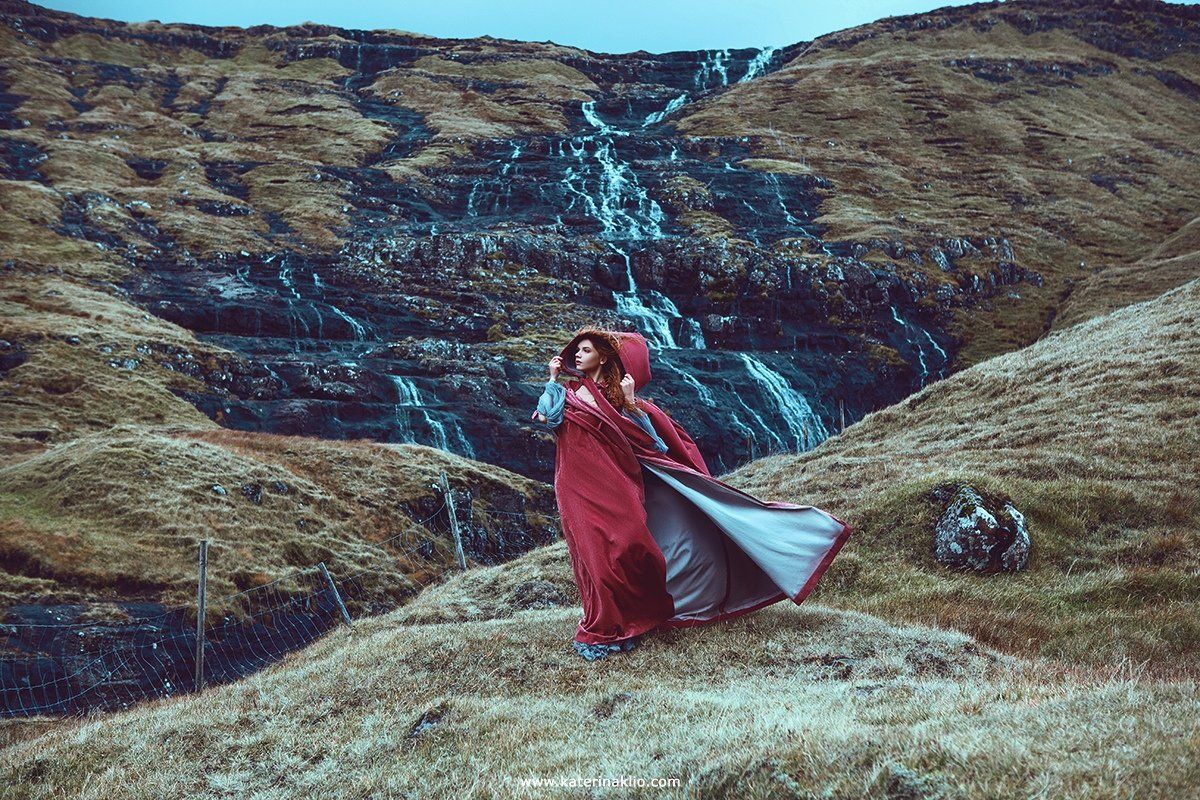 red, wind, faroe, portrait, fine art, art, model, beautiful, wild, Faroe Islands, Катерина Клио