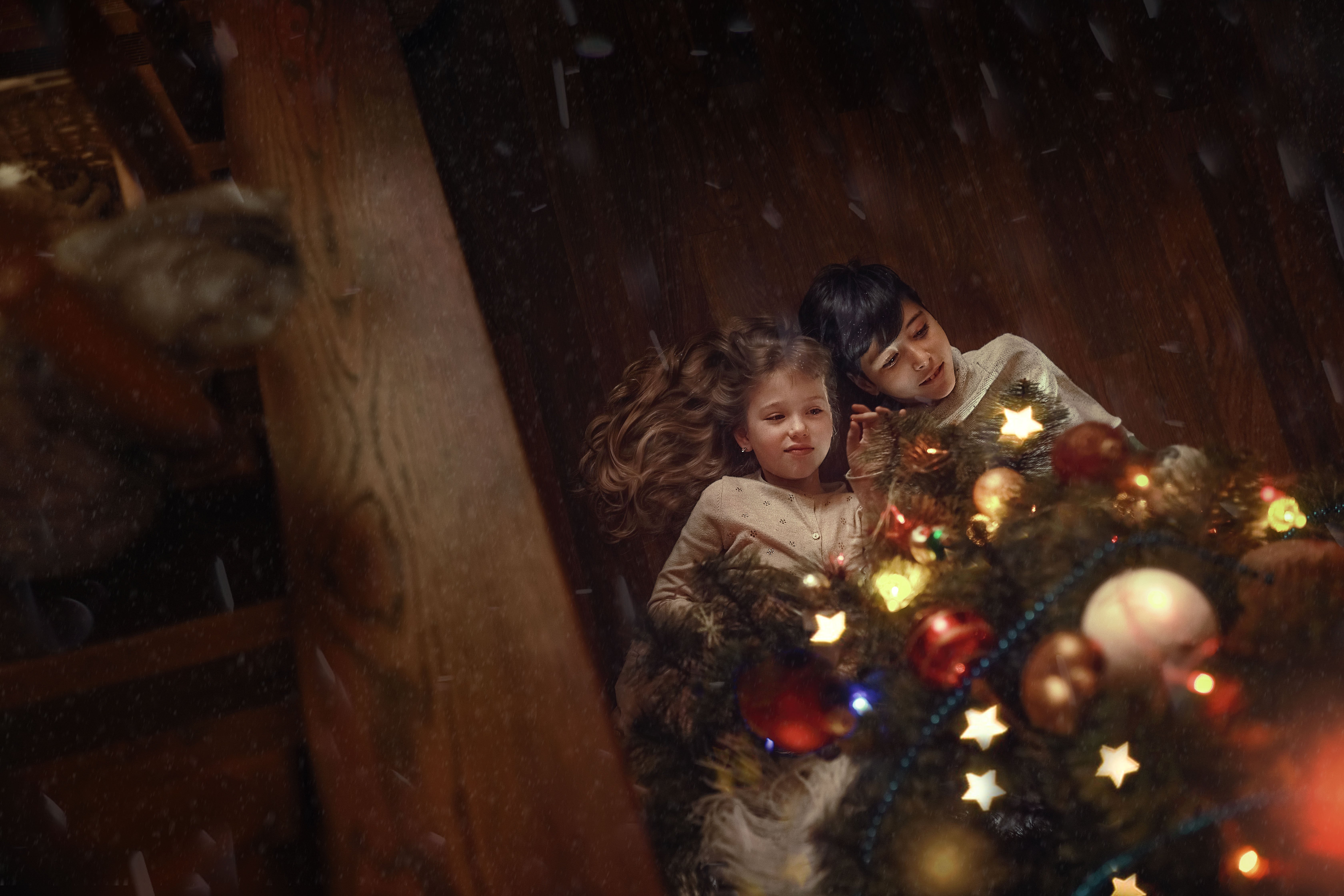 дети рождество детство елка снег кот лежа дом игрушки гирлянды радость, Марина Еленчук