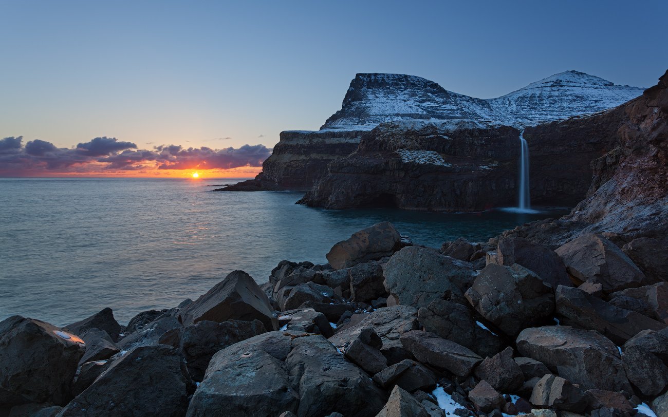 atlantic, f?royar, faroe islands, gasadalur, sunset, waterfall, атлантический океан, закат, фарерские острова, Alex Darkside