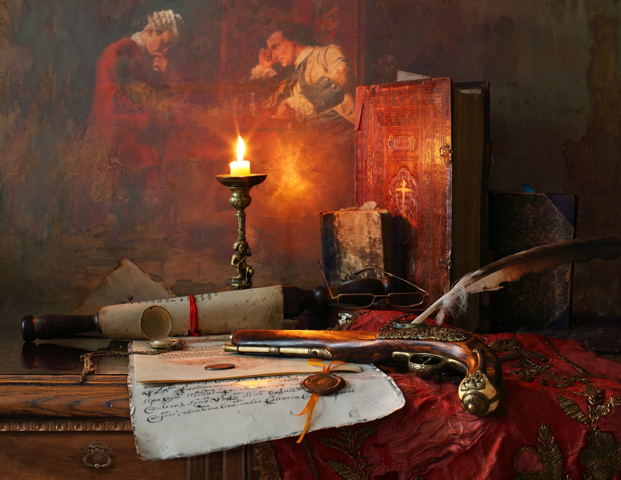 свеча, книги, свиток, пистолет, Андрей Морозов