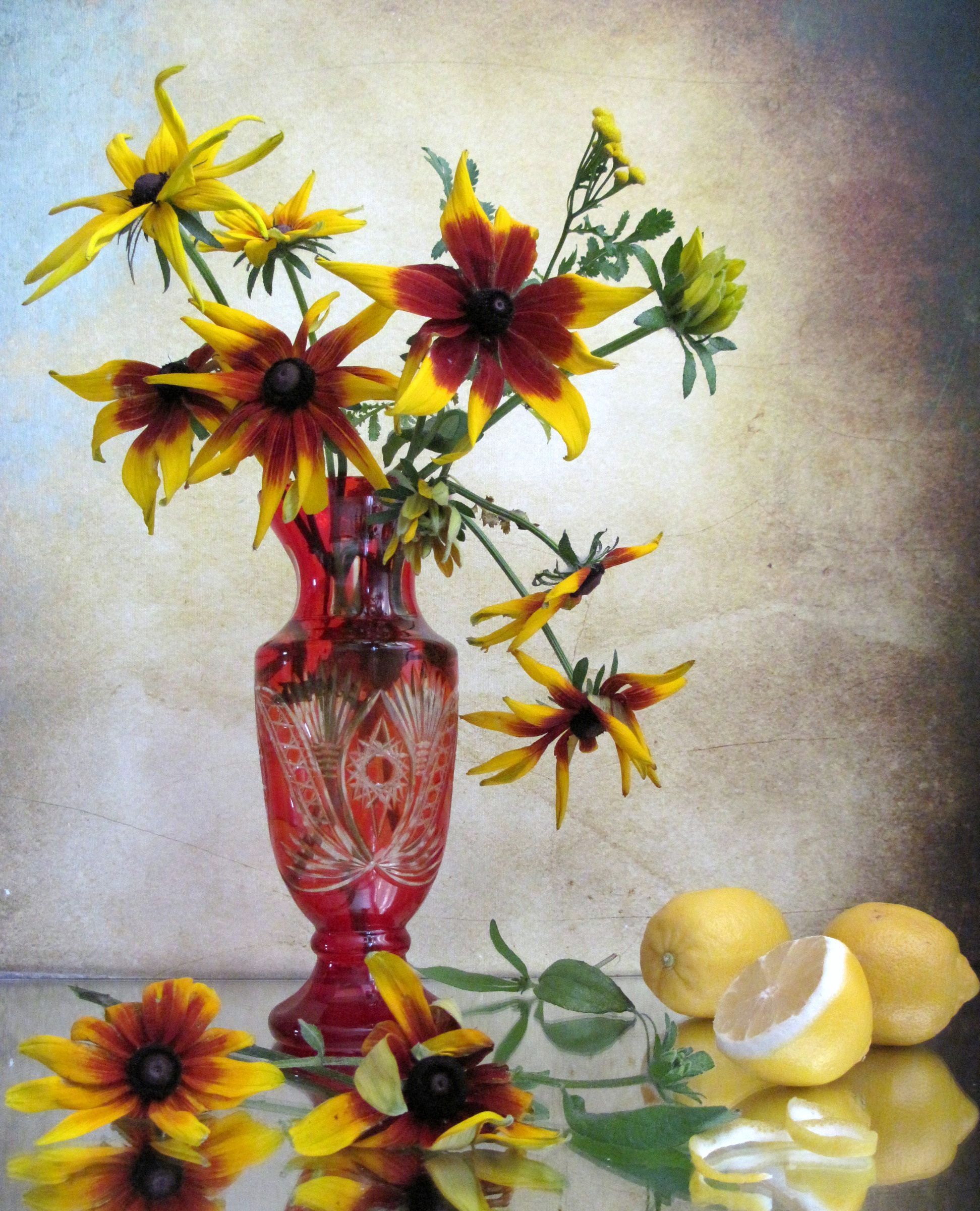 цветы, букет, рудбекия, ваза, чешское стекло, лимоны, Наталия Тихомирова